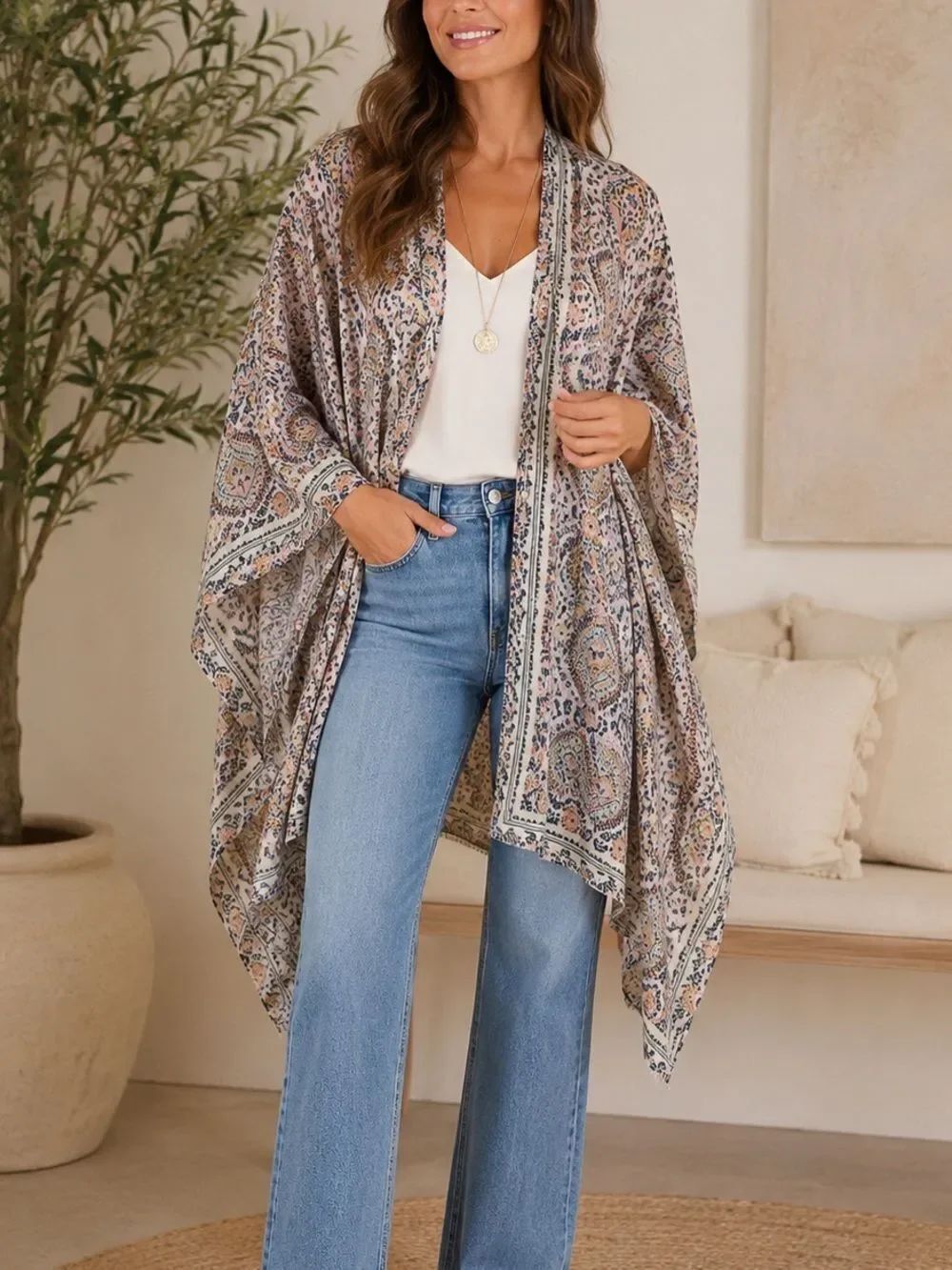 J. Jill Boho Paisley Kimono Ruana Wrap Poncho One Size Lightweight